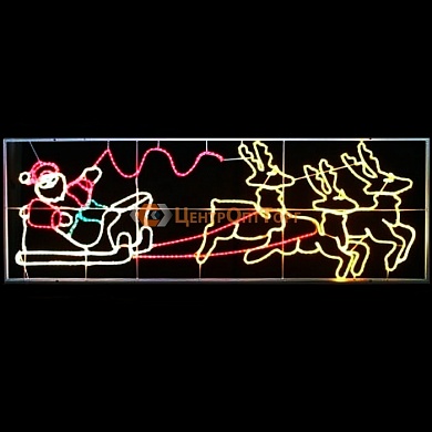 Световое панно «Олени везут Санта Клауса на санях», размер 85*300 см